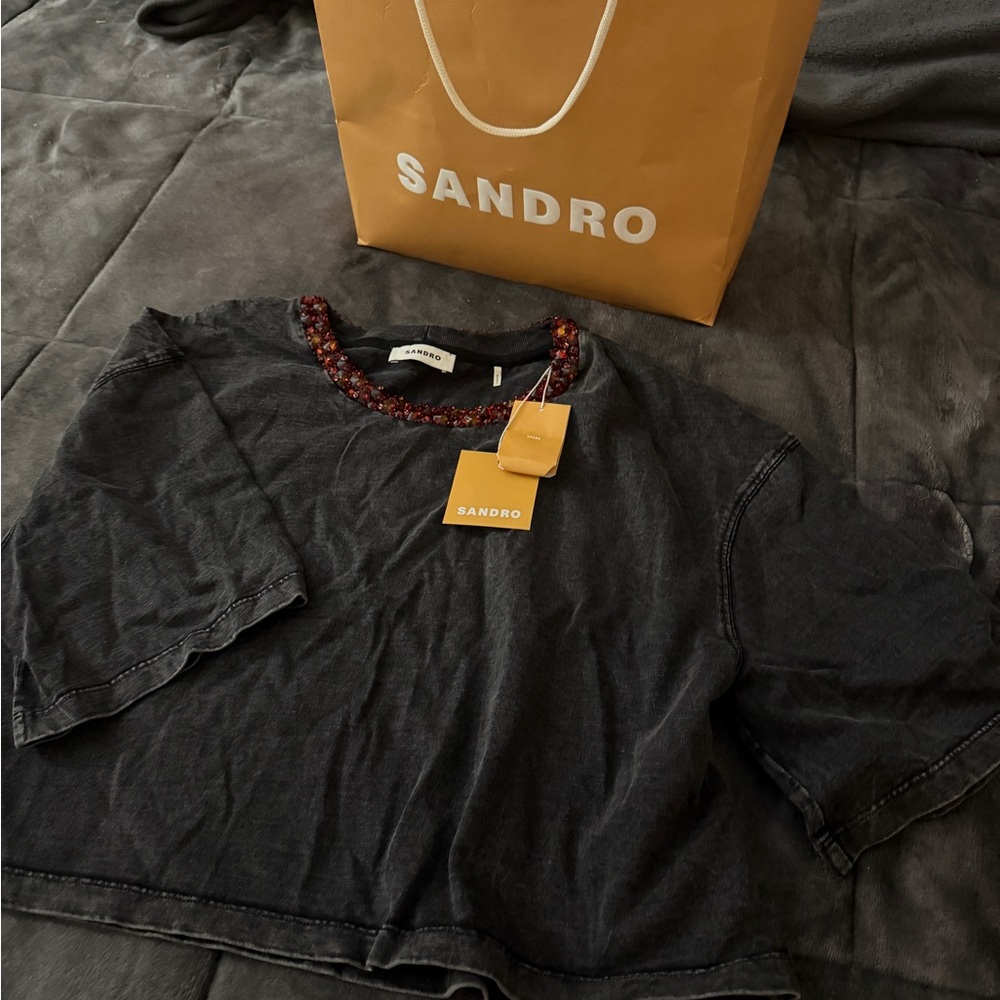 Sandro Charcoal Top with Beaded Collar